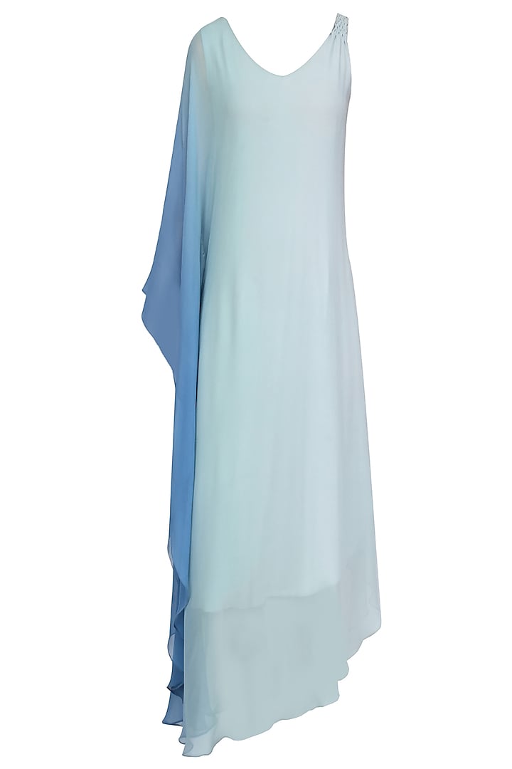 Aqua Blue Ombre Shaded One Sleeve Dress by Soutache