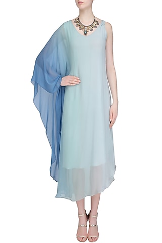 Aqua Blue Ombre Shaded One Sleeve Dress by Soutache