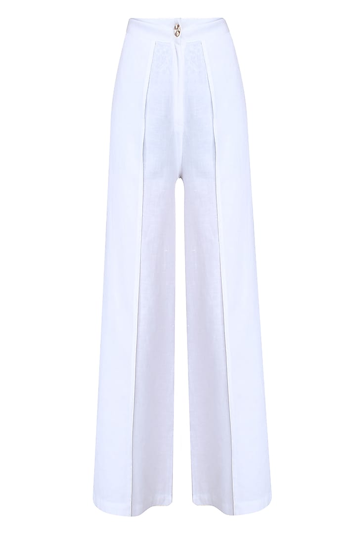 White Pleated Flared Pants by Soutache