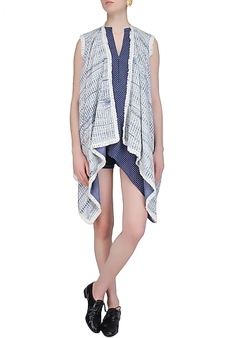 Blue Printed Front Open Jacket by Soutache