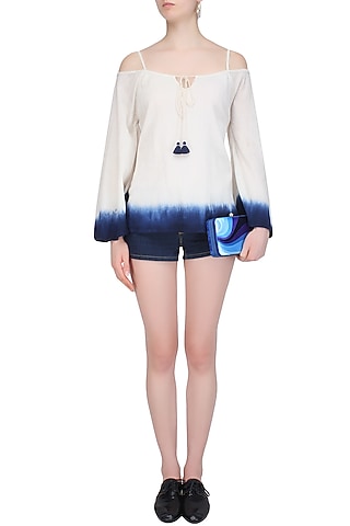 Cream and Blue Tye and Dye Cold Shoulder Top by Soutache