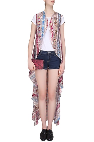 Multicolor Printed Sleeveless Wrap Cape by Soutache