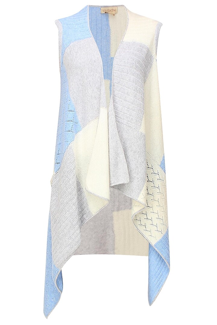 White, grey and blue intasia patchwork sleeveless cape by Soutache