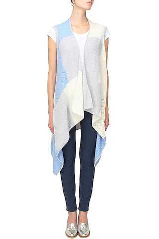 White, grey and blue intasia patchwork sleeveless cape by Soutache