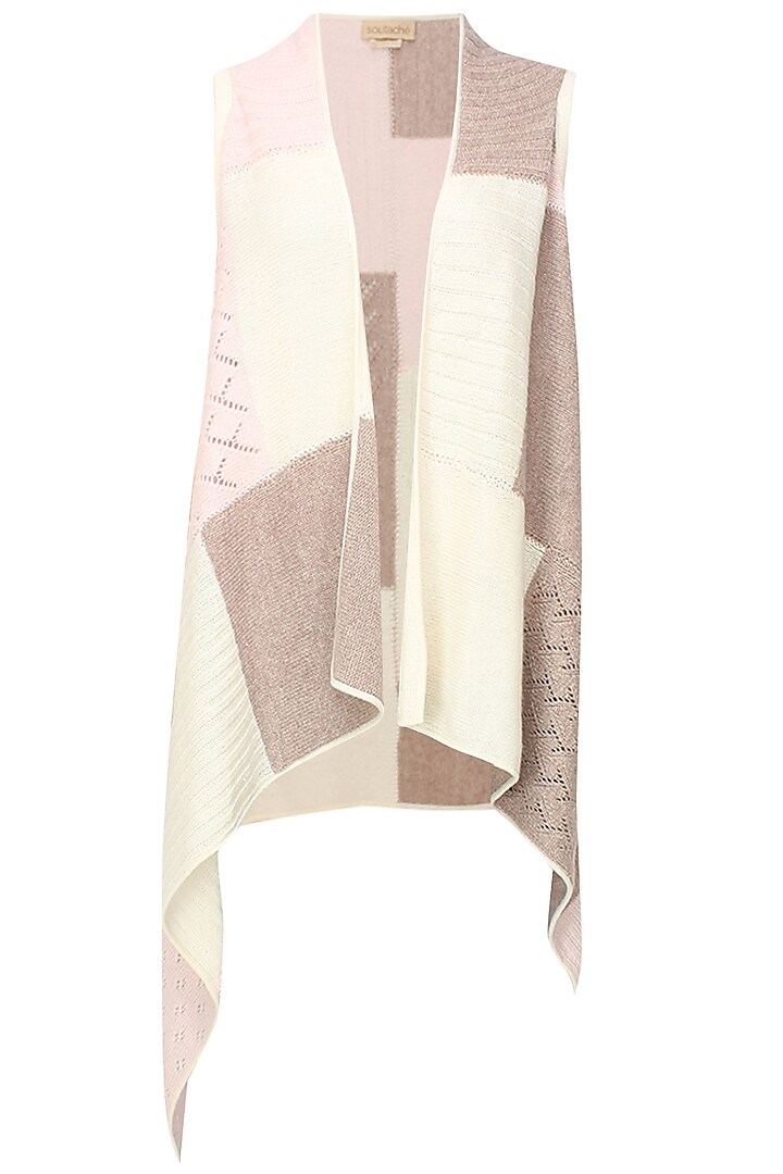 White, beige and pink intasia patchwork sleeveless cape by Soutache
