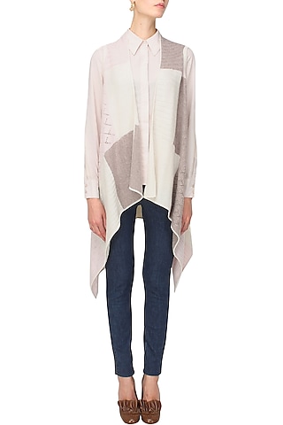 White, beige and pink intasia patchwork sleeveless cape by Soutache