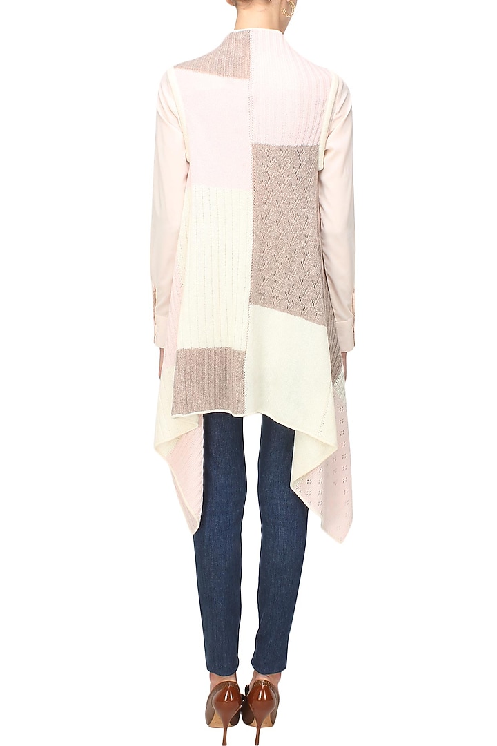 White, beige and pink intasia patchwork sleeveless cape available only at Pernia's Pop Up Shop.