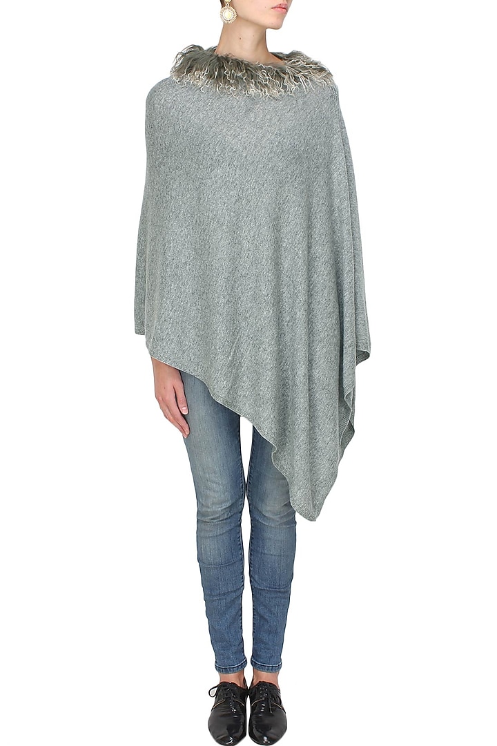 Grey sheepwool fur trim poncho available only at Pernia's Pop Up Shop.