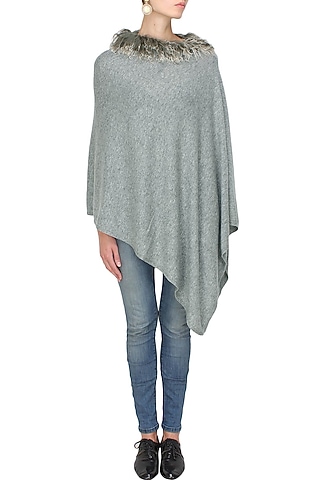Grey sheepwool fur trim poncho by Soutache