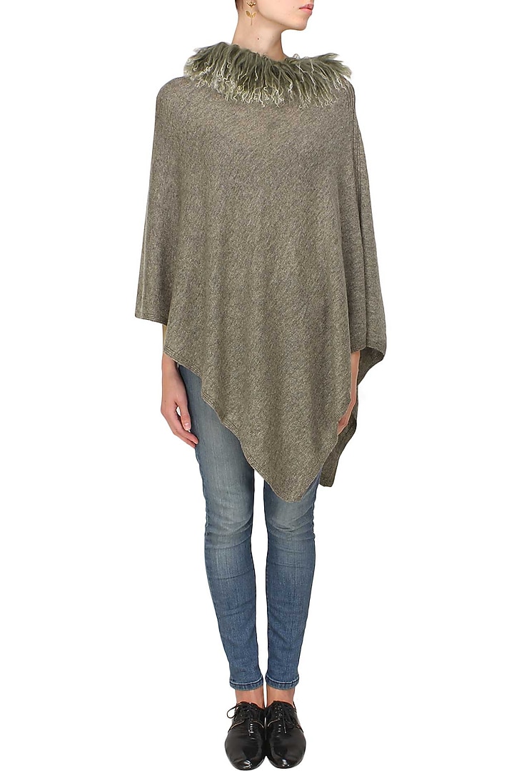 Mouse color sheepwool fur trim poncho available only at Pernia's Pop Up Shop.