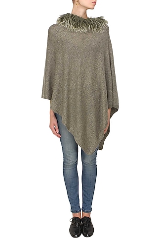 Mouse color sheepwool fur trim poncho by Soutache