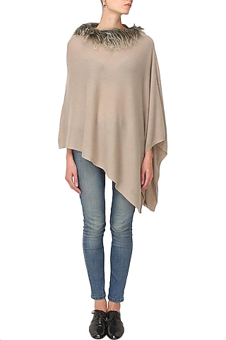 Nude sheepwool fur trim poncho by Soutache