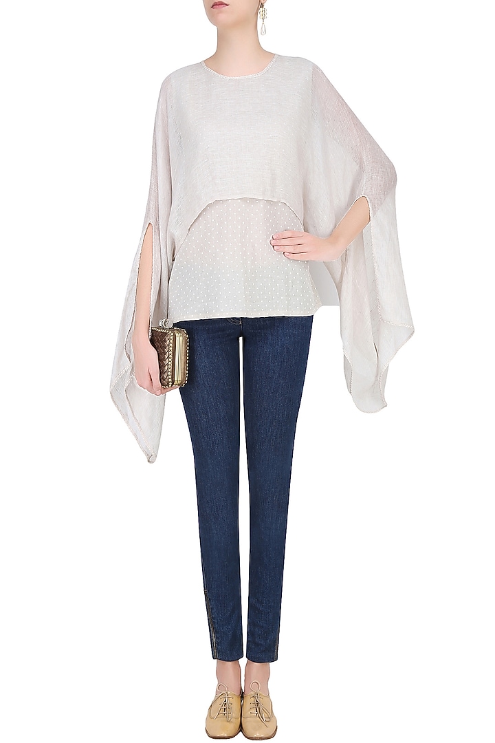 Beige dot print top with attached scarf available only at Pernia's Pop Up Shop.