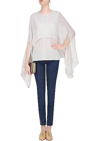 Beige Dot Print Top  with Attached Scarf by Soutache