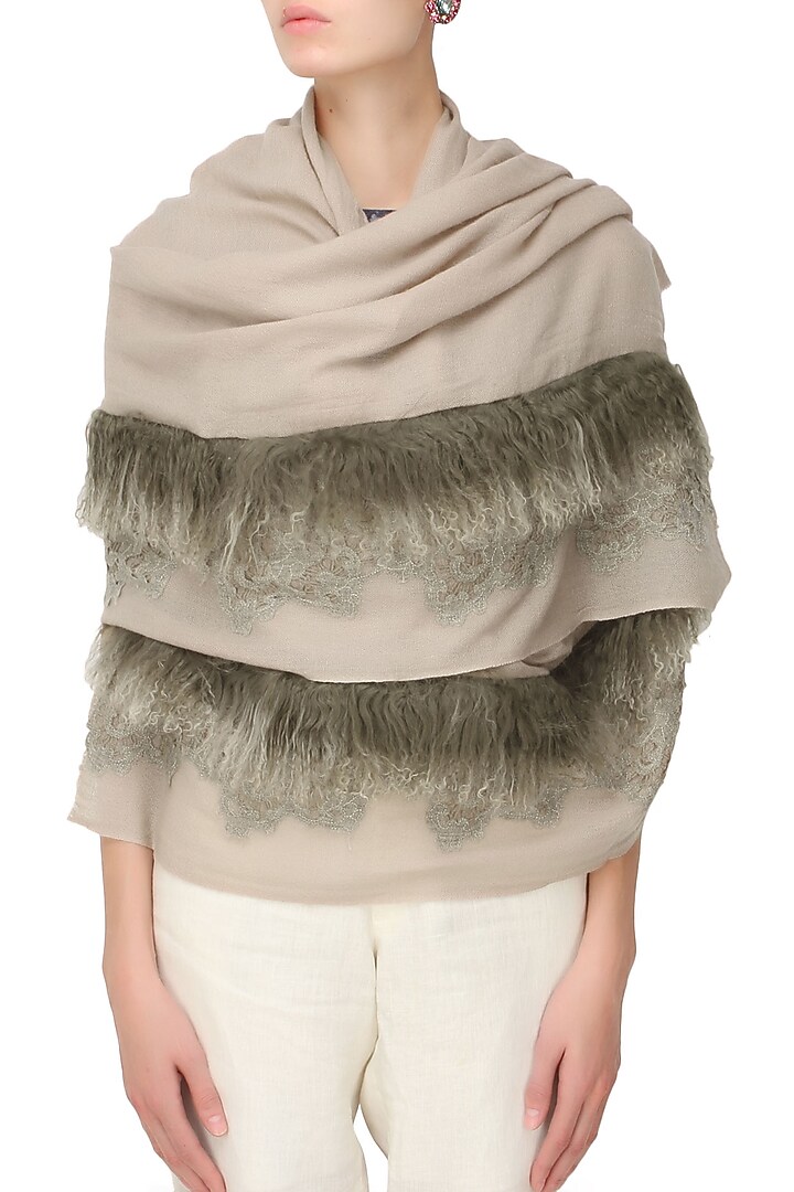 Dusty pink cutwork and fur trim lambada shawl available only at Pernia's Pop Up Shop.