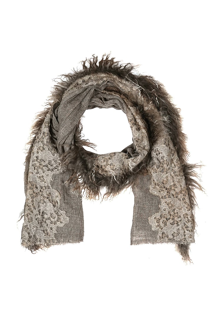 Brown cutwork and fur trim lambada shawl available only at Pernia's Pop Up Shop.
