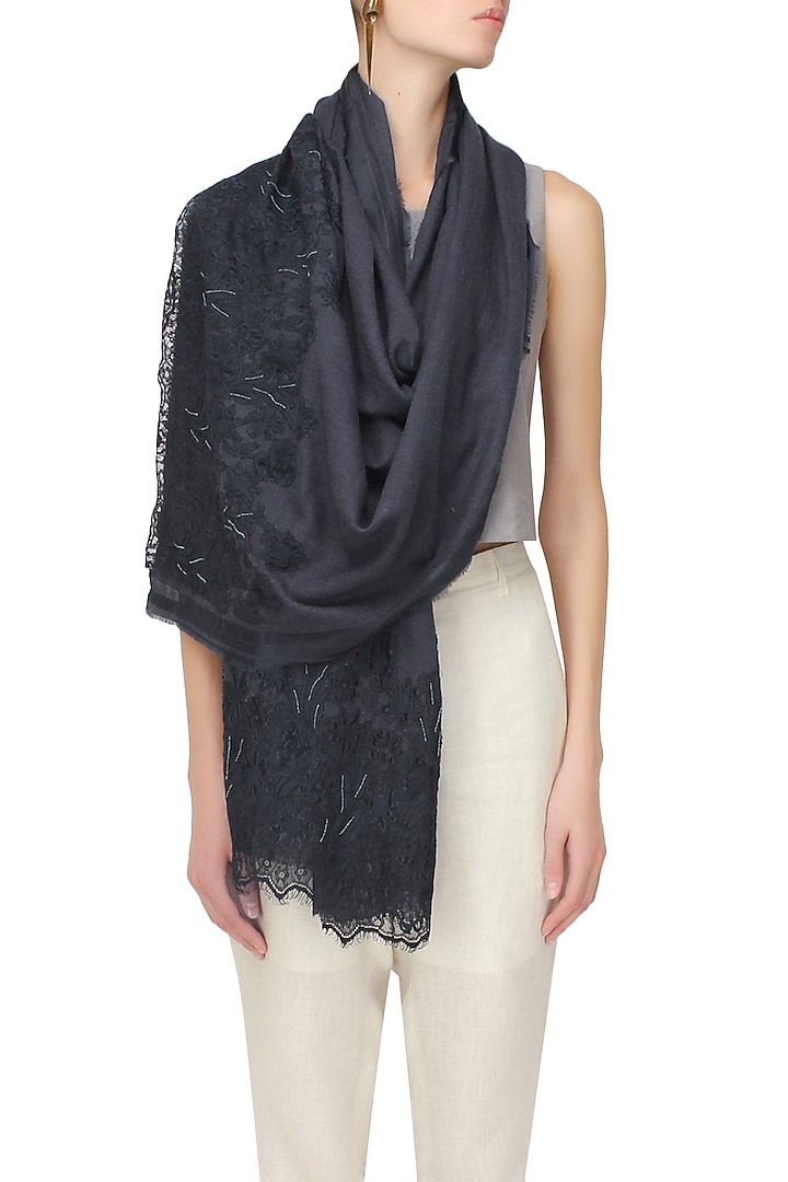 Navy lace floral applique wool wrap available only at Pernia's Pop Up Shop.