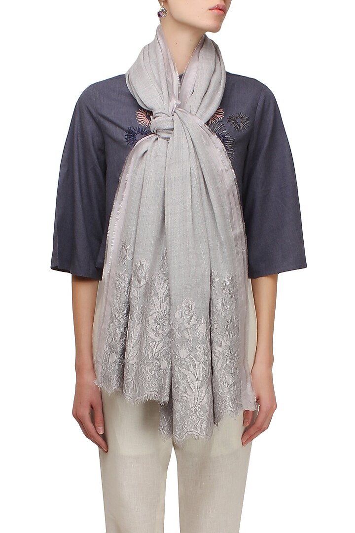 Grey lace floral applique wool wrap available only at Pernia's Pop Up Shop.