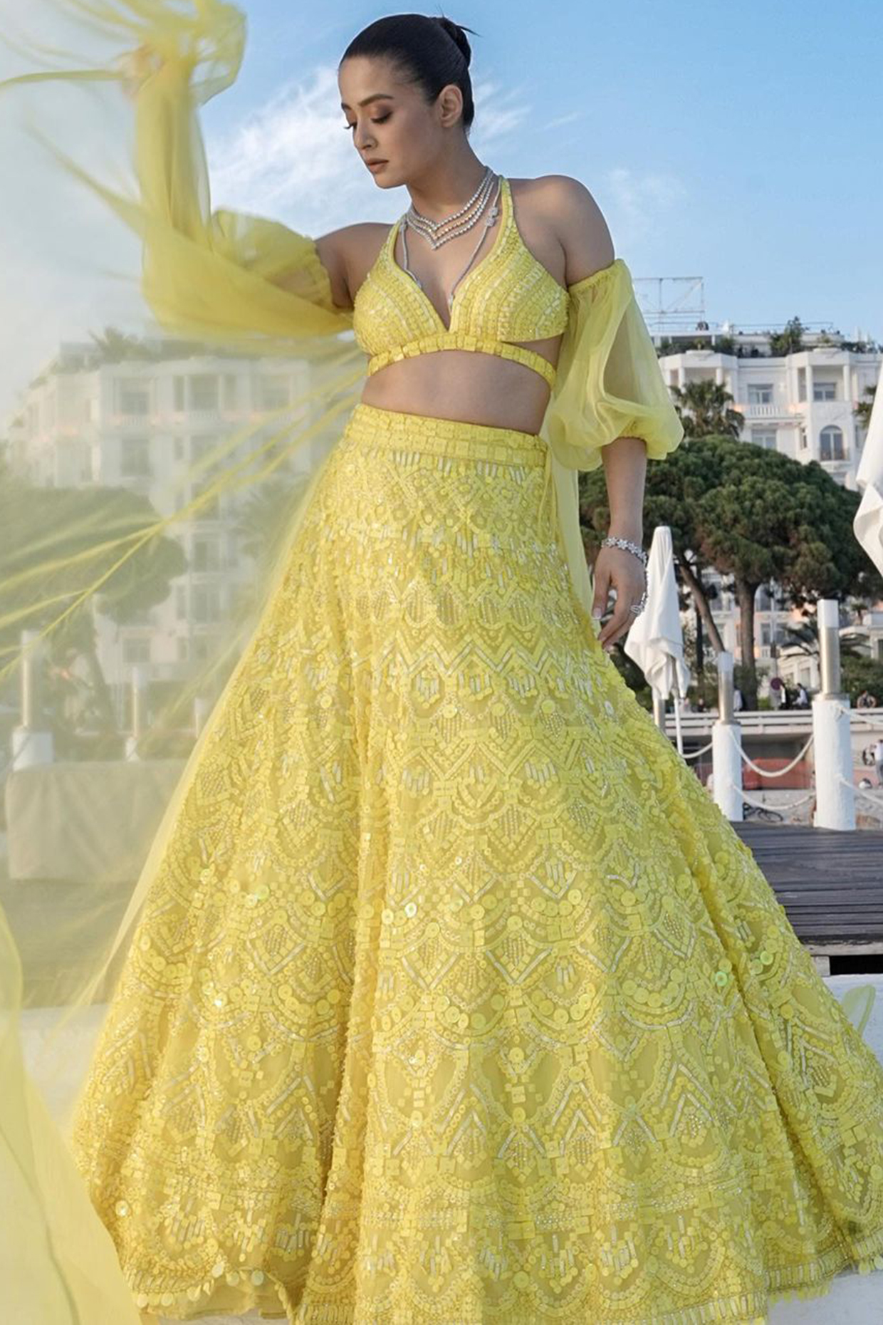 Neon Yellow Net Sequins Embroidered Bridal Lehenga Set by Seema Gujral at Pernia's Pop Up Shop