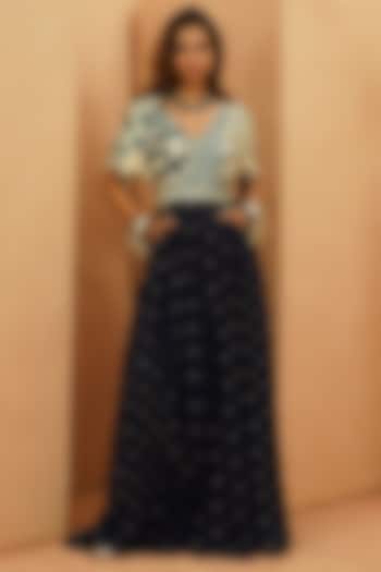 Midnight Blue Crepe Patchwork Hand Embellished Jumpsuit by Sva By Sonam & Paras Modi at Pernia's Pop Up Shop