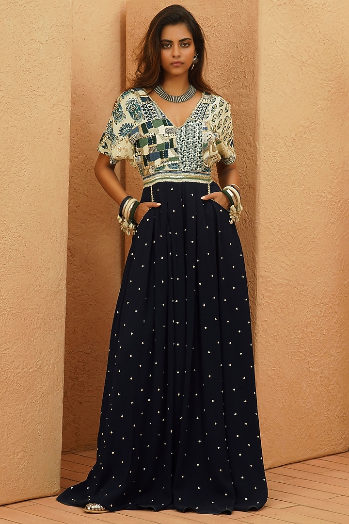 Midnight Blue Crepe Patchwork Hand Embellished Jumpsuit by Sva By Sonam & Paras Modi at Pernia's Pop Up Shop