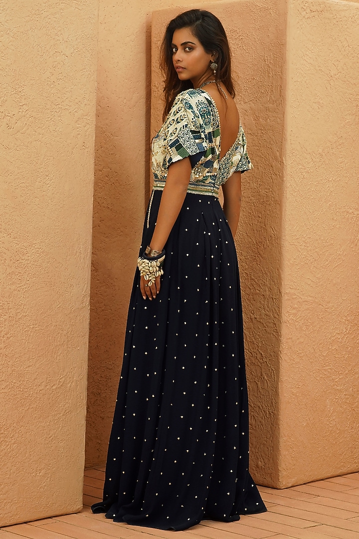 Midnight Blue Crepe Patchwork Hand Embellished Jumpsuit by Sva By Sonam & Paras Modi at Pernia's Pop Up Shop