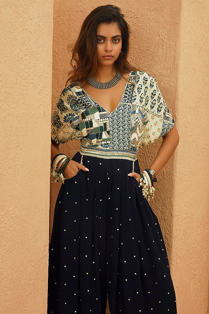 Midnight Blue Crepe Patchwork Hand Embellished Jumpsuit by Sva By Sonam & Paras Modi at Pernia's Pop Up Shop