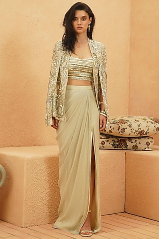 Beige Silk Organza Embellished Jacket Set by Sva By Sonam & Paras Modi