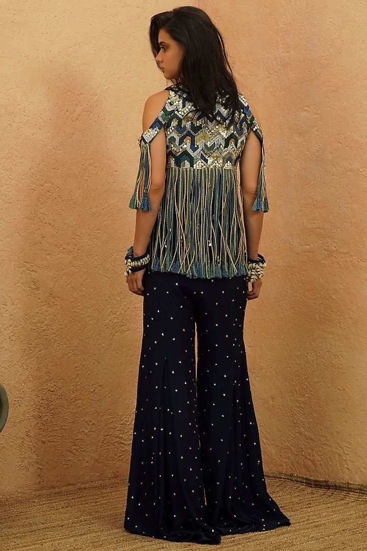 Midnight Blue Crepe Embellished Jacket Set by Sva By Sonam & Paras Modi at Pernia's Pop Up Shop