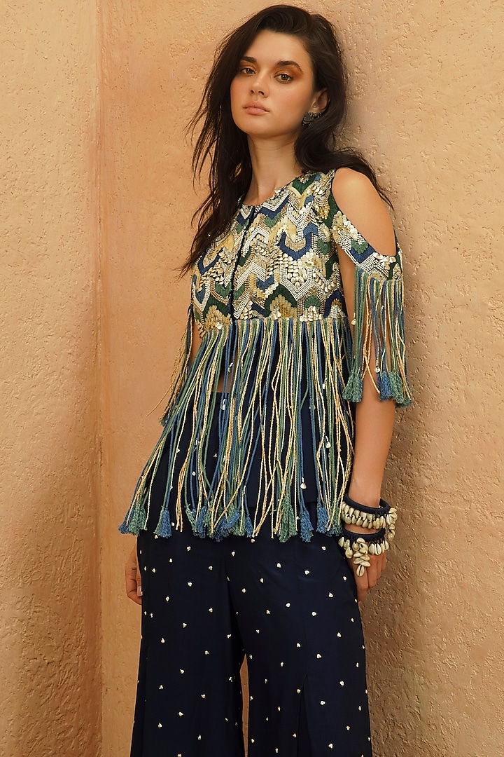 Midnight Blue Crepe Embellished Jacket Set by Sva By Sonam & Paras Modi at Pernia's Pop Up Shop