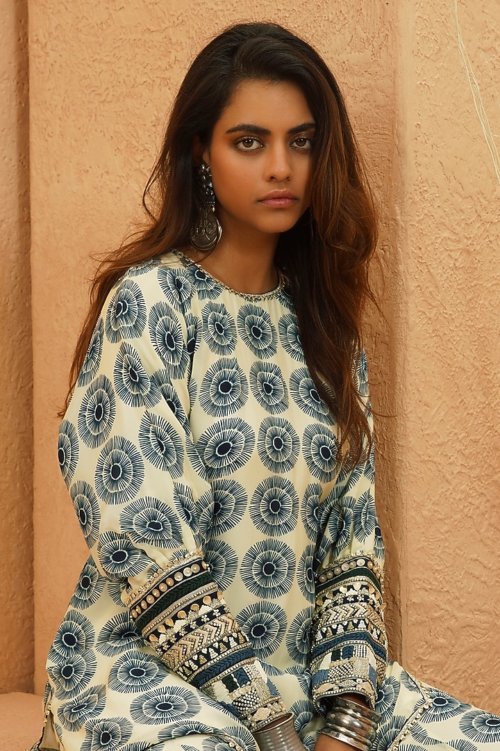 Midnight Blue Crepe Embellished & Printed Wedding Sharara Set by Sva By Sonam & Paras Modi at Pernia's Pop Up Shop