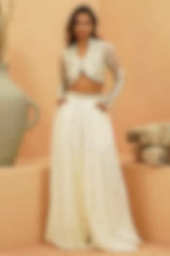 Ivory Silk Embellished Jacket Set by Sva By Sonam & Paras Modi at Pernia's Pop Up Shop