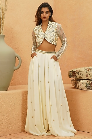 Ivory Silk Embellished Jacket Set by Sva By Sonam & Paras Modi