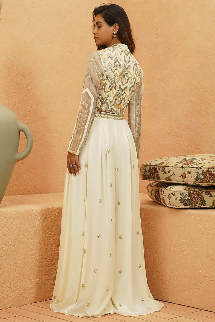 Ivory Silk Embellished Jacket Set by Sva By Sonam & Paras Modi at Pernia's Pop Up Shop