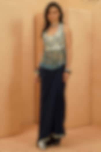 Midnight Blue Crepe Draped Skirt Set by Sva By Sonam & Paras Modi at Pernia's Pop Up Shop