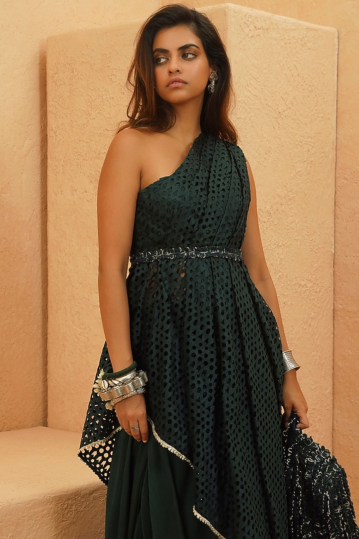 Emerald Silk & Double Georgette Draped Skirt Set by Sva By Sonam & Paras Modi at Pernia's Pop Up Shop