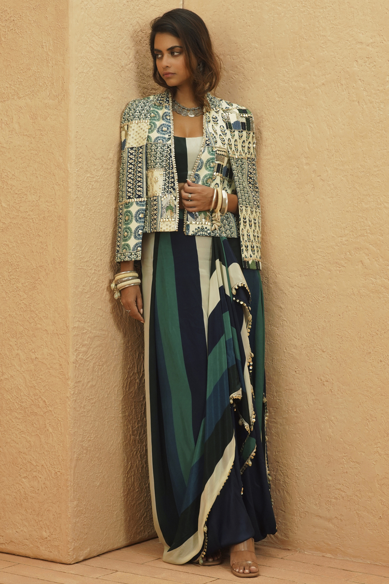 Multi-Colored Crepe Patchwork Jacket Set by SVA at Pernia's Pop Up Shop