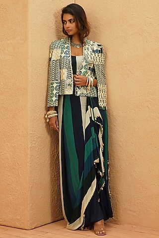 Multi-Colored Crepe Patchwork Jacket Set by Sva By Sonam & Paras Modi