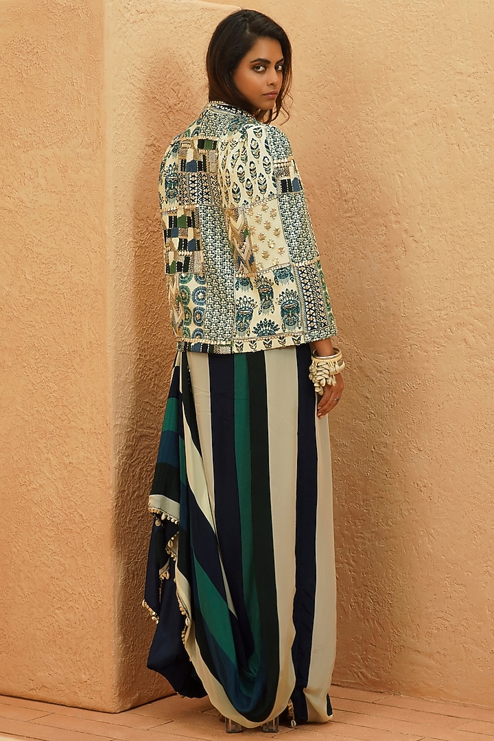 Multi-Colored Crepe Patchwork Jacket Set by Sva By Sonam & Paras Modi at Pernia's Pop Up Shop
