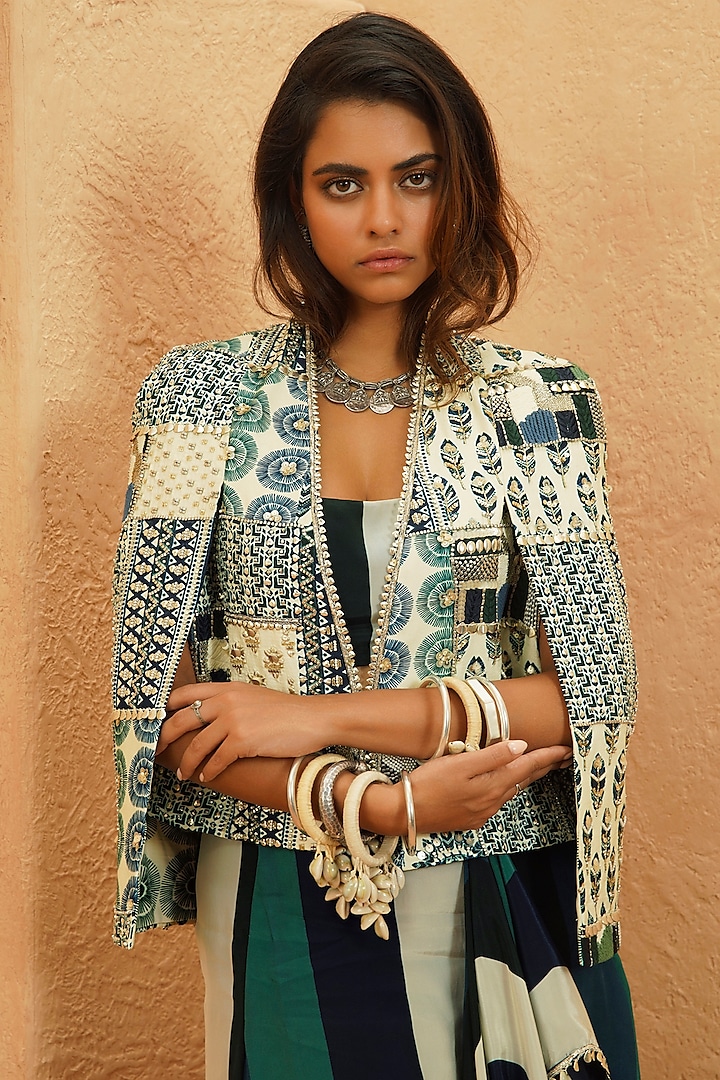 Multi-Colored Crepe Patchwork Jacket Set by Sva By Sonam & Paras Modi at Pernia's Pop Up Shop