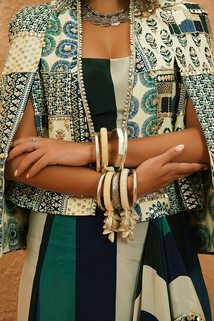 Multi-Colored Crepe Patchwork Jacket Set by Sva By Sonam & Paras Modi at Pernia's Pop Up Shop