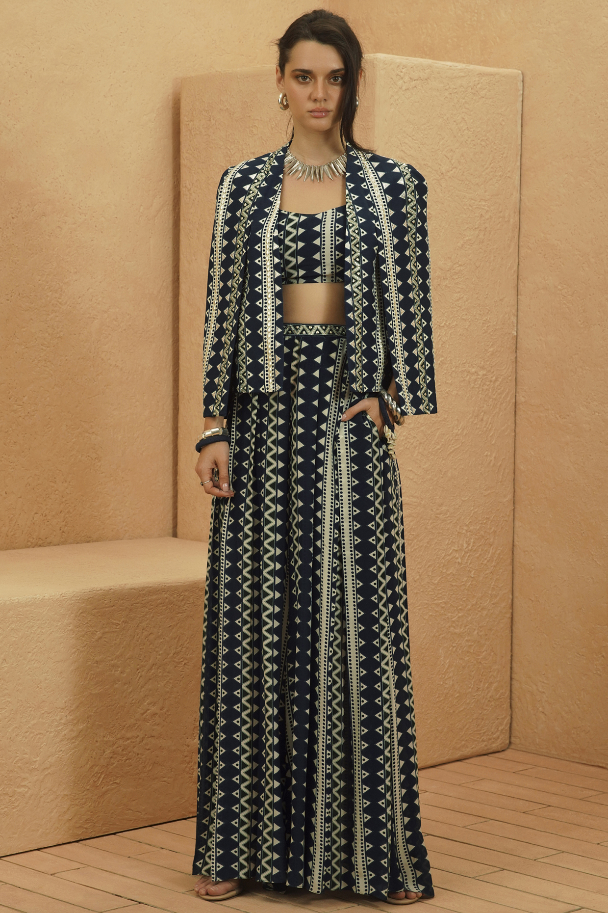 Midnight Blue Crepe Geometric Printed Jacket Set by Sva By Sonam & Paras Modi at Pernia's Pop Up Shop