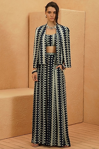 Midnight Blue Crepe Geometric Printed Jacket Set by Sva By Sonam & Paras Modi