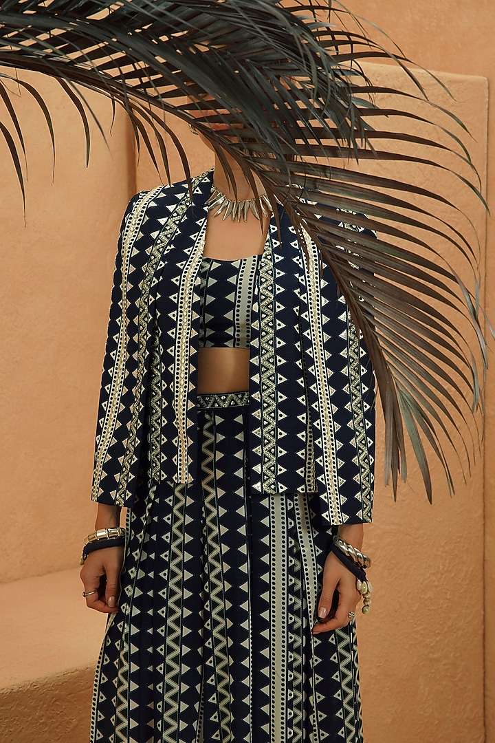 Midnight Blue Crepe Geometric Printed Jacket Set by Sva By Sonam & Paras Modi at Pernia's Pop Up Shop