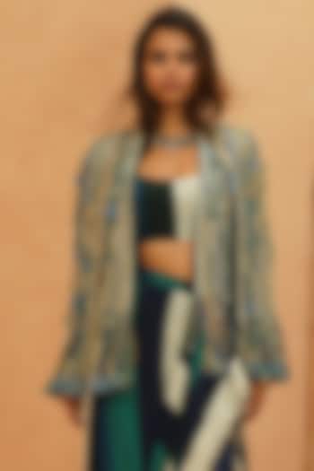 Midnight Blue Crepe Embellished Jacket by Sva By Sonam & Paras Modi at Pernia's Pop Up Shop