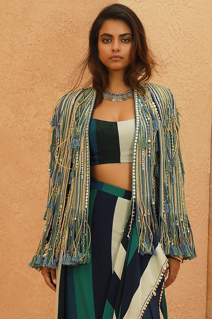 Midnight Blue Crepe Embellished Jacket by Sva By Sonam & Paras Modi at Pernia's Pop Up Shop