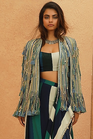 Midnight Blue Crepe Embellished Jacket by Sva By Sonam & Paras Modi