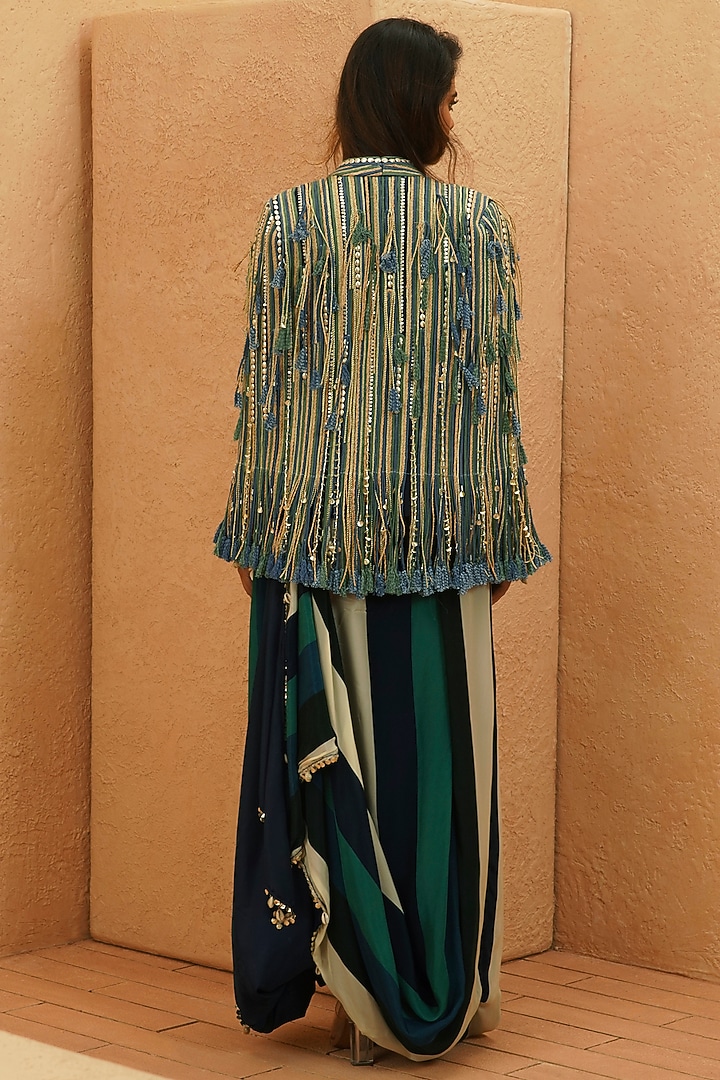 Midnight Blue Crepe Embellished Jacket by Sva By Sonam & Paras Modi at Pernia's Pop Up Shop
