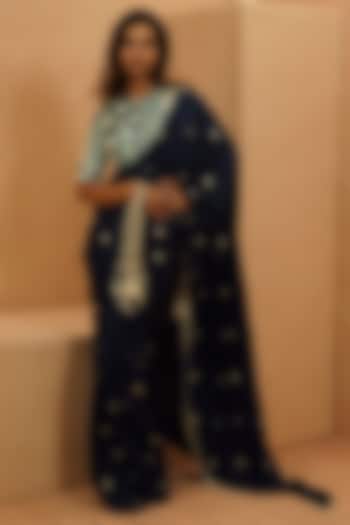 Midnight Blue Crepe Embroidered Reception Saree Set by Sva By Sonam & Paras Modi at Pernia's Pop Up Shop