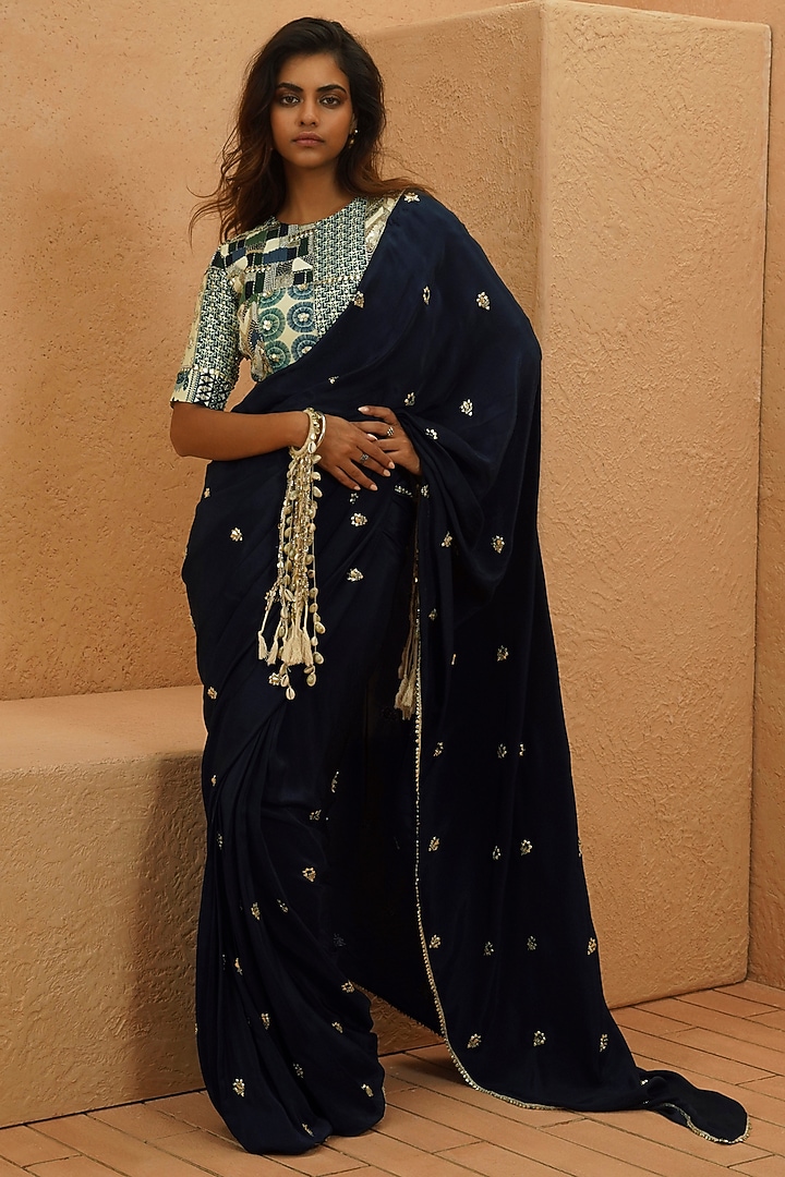 Midnight Blue Crepe Embroidered Reception Saree Set by Sva By Sonam & Paras Modi at Pernia's Pop Up Shop